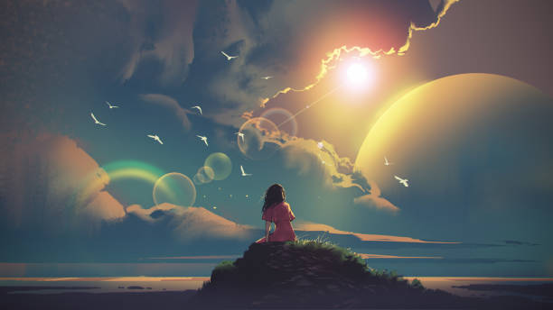 woman sitting and looking at the sky, digital art style, illustration painting